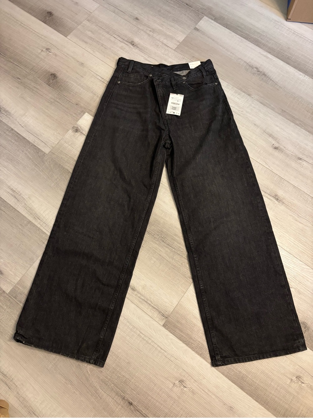 Zara The Crossed Waist Wide Leg Jeans Black Denim Women’s 10 NWT*